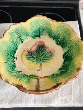 Antique 1880’s Joseph Mayer Large Majolica Green Leaf Shallow Bowl